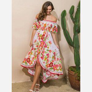 White Floral Summer Dress – Off-Shoulder Hi-Lo Hem with Smocked Bodice